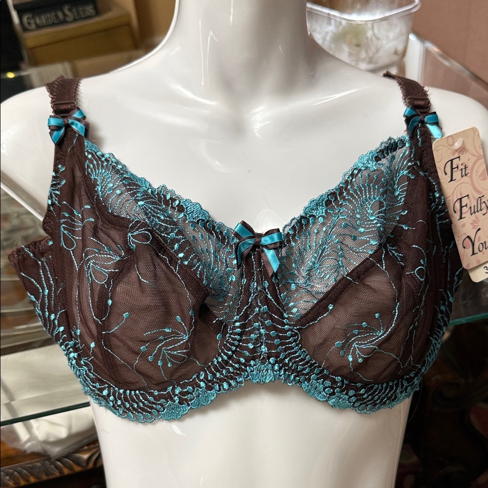 Elegant Brown and Teal Lace Bra 38D Fit Fully Yours